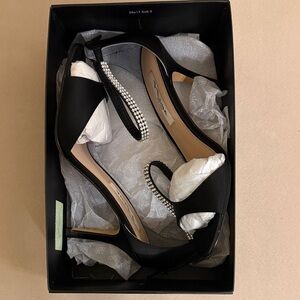 Nina Black Satin Heels with Rhinestone Straps - Volanda-LS Size 8M